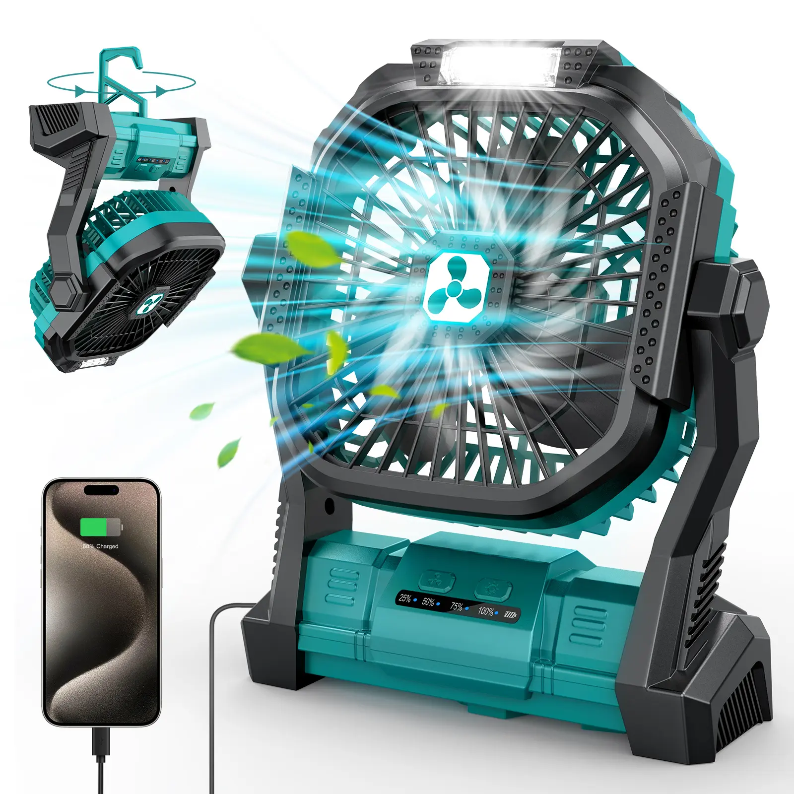 ONLYNEW Portable Fan Rechargeable, 20000mAh Cordless Battery Powered Fan with LED Lantern, USB C Battery Operated for Camping Travel Bedroom Home Tent Office Beach Desk Fishing Table