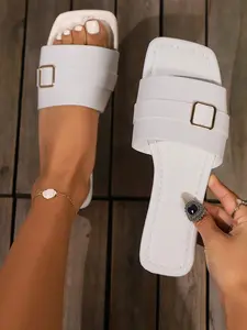 New Fashion Flat Sole Square Head Strap Buckle One-Word Beach Shoes, Stylish and Comfortable Footwear for Summer Vibes