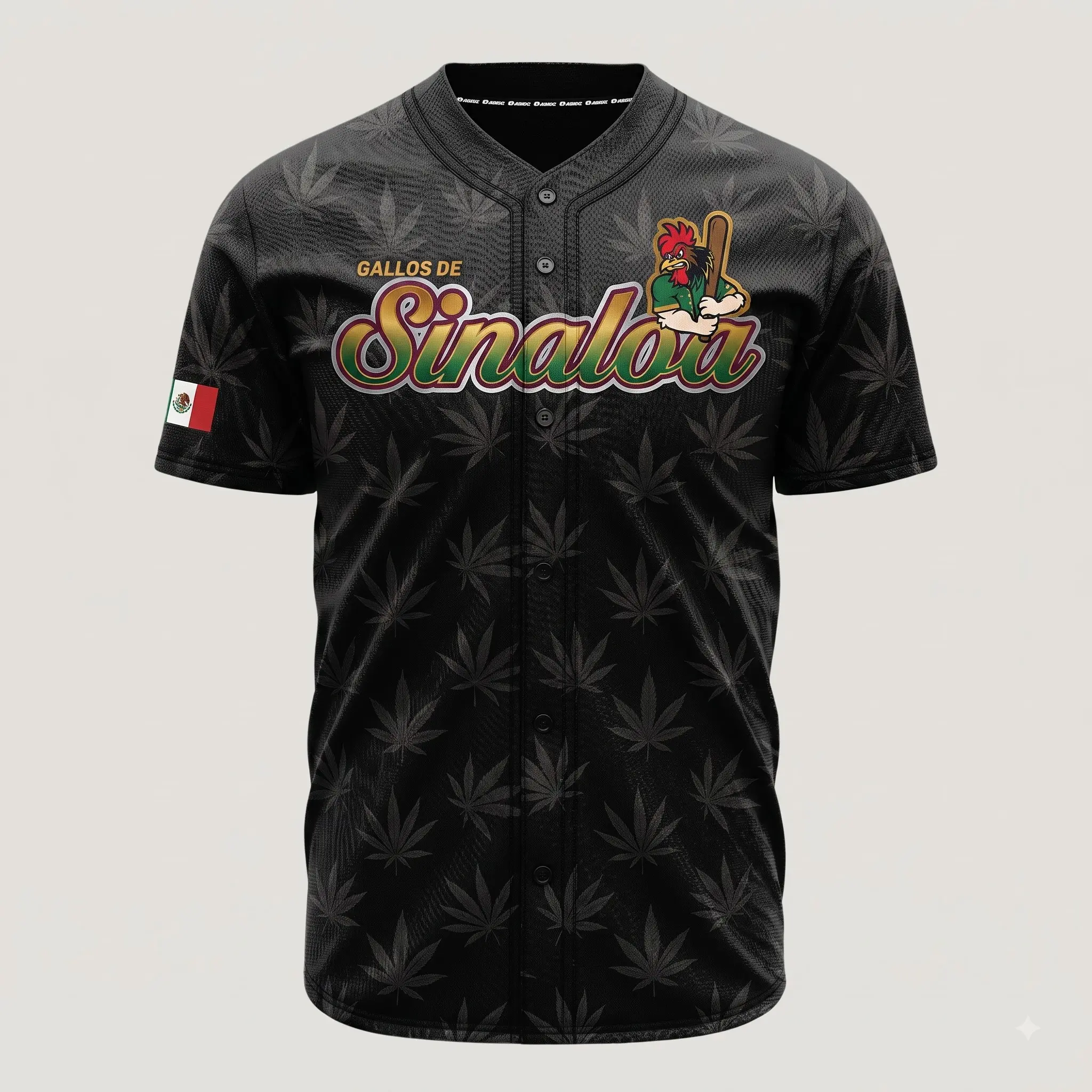 Gallos de Sinaloa Baseball Jersey – Mexico Heritage Button-Up Sports Shirt, Rooster Graphic Athletic Jersey, All-Over Leaf Print, Breathable Mesh Baseball Top, Casual Fan Apparel Gift for Men & Women