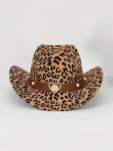 1pc Leopard Print Western Cowboy Style Hat, Made Of Felt Material With Detachable Heart-Shaped Decor Band, Printed Design, Suitable For Daily Wear And Halloween-Christmas Occasions