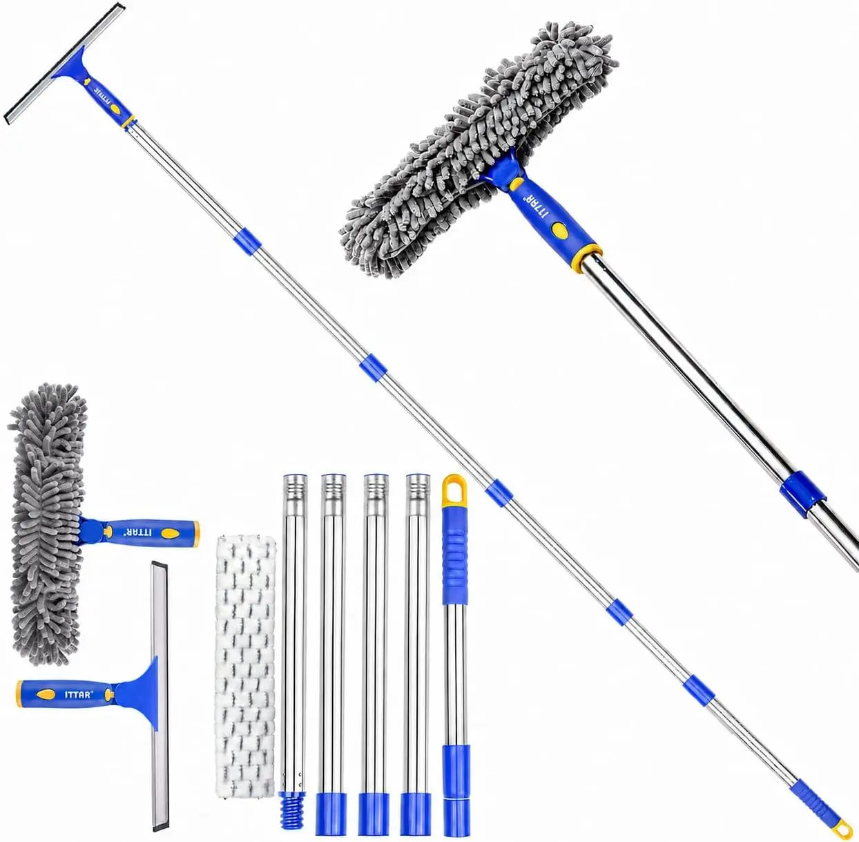 ITTAR Window Squeegee with 88 Inch Extension Pole, Rotatable Window  Kit with Long Handle, Rubber Blade & Microfiber/Chenille Pads Glass Cleaner Tool for Outdoor Windows, Glass, Car cleaning deep soft wash extendable smooth