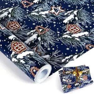 Christmas Wrapping Paper Roll, Navy Blue   Wrapping Paper - 17 Inch x 49 , Snowflake Pine Branch Gingerbread House Patterns Xmas Wrapping Paper for Christmas  Year Holiday Party (69.4 sq.ft.ttl)