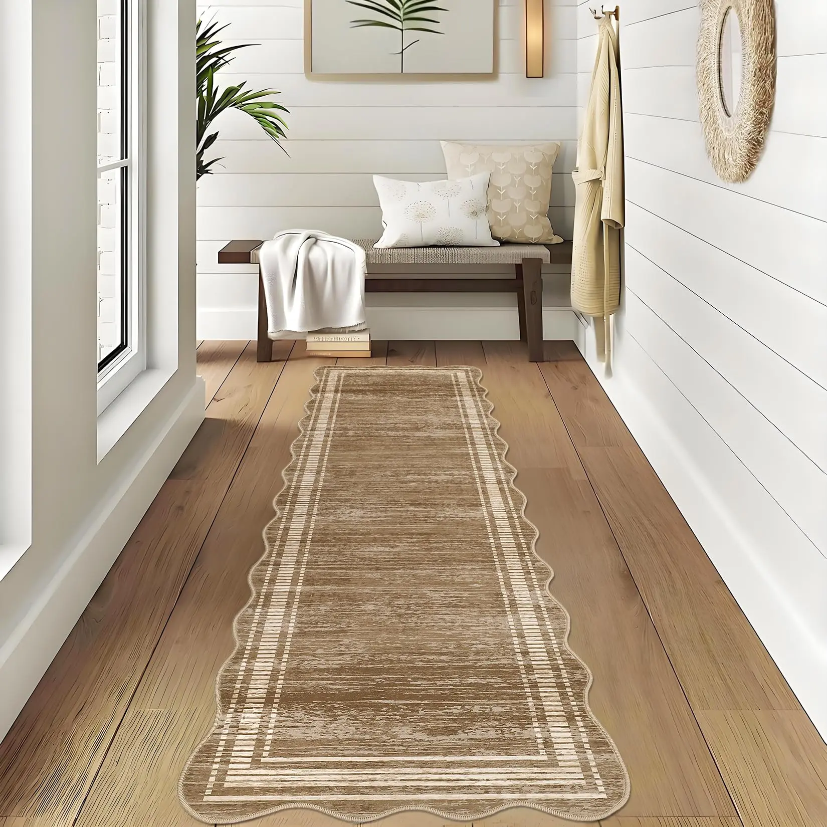 【GARVEE】Washable Runner for Hallway 2x6 Kitchen Runner Rug, Non Sip Bathroom Soft Rug Runner, Low Pile Modern Scalloped Solid Carpet for Entryway Laundry Room Foyer Floor Carpet Rugs, Camel