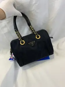 Pre-owned PRADA Black Nylon & Leather Chain Trim Boston Handbag/WJ03108713