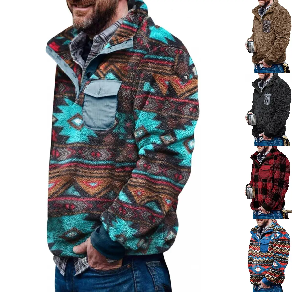 【Christmas Sale】PASLTER Mens Christmas Aztec Fleece Jackets Fuzzy Sherpa Pullover Sweatshirts Winter Coats Western Vintage Sweaters with Pocket