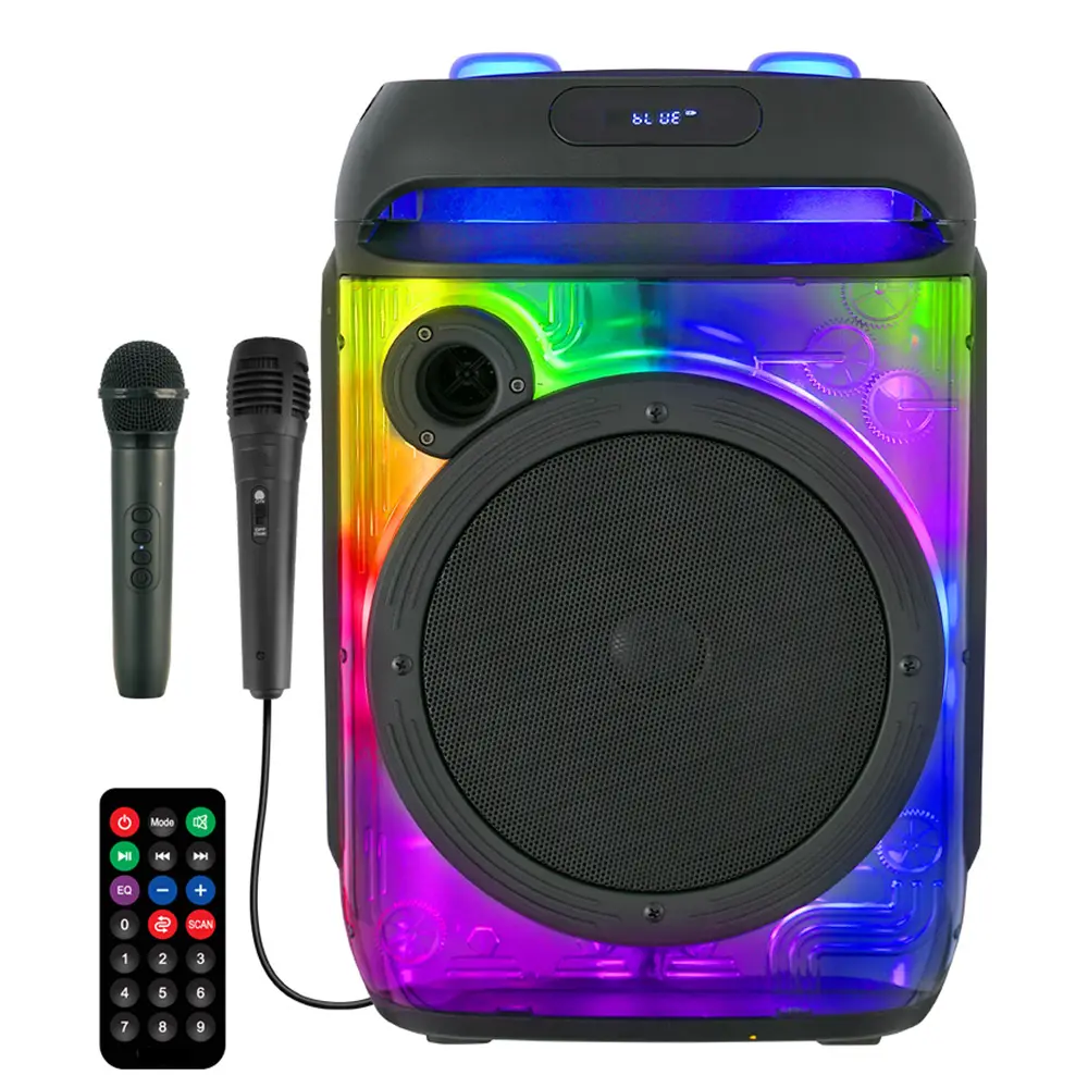 Portable 8" Bluetooth Speaker Two Microphone With Transparent Montion Party Light wireless Stereo sound System Heavy Bass Loud Speaker