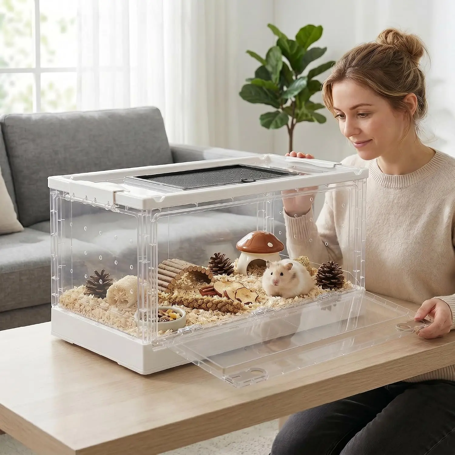 Crestholm Stackable Hamster Cage, 22"x13"x12", Panoramic Clear Body, 18.9" Front Door, Top Mesh + Side Vents, Expandable Habitat for Dwarf Hamsters, Gerbils, Mice