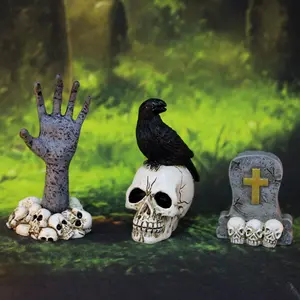 Crow & Skull Tombstone Decoration, 1 Box Halloween Garden Micro Landscape Scene Decoration, Creative Holiday Gifts, Garden Bonsai Decoration Accessories, Garden Sculptures Statues