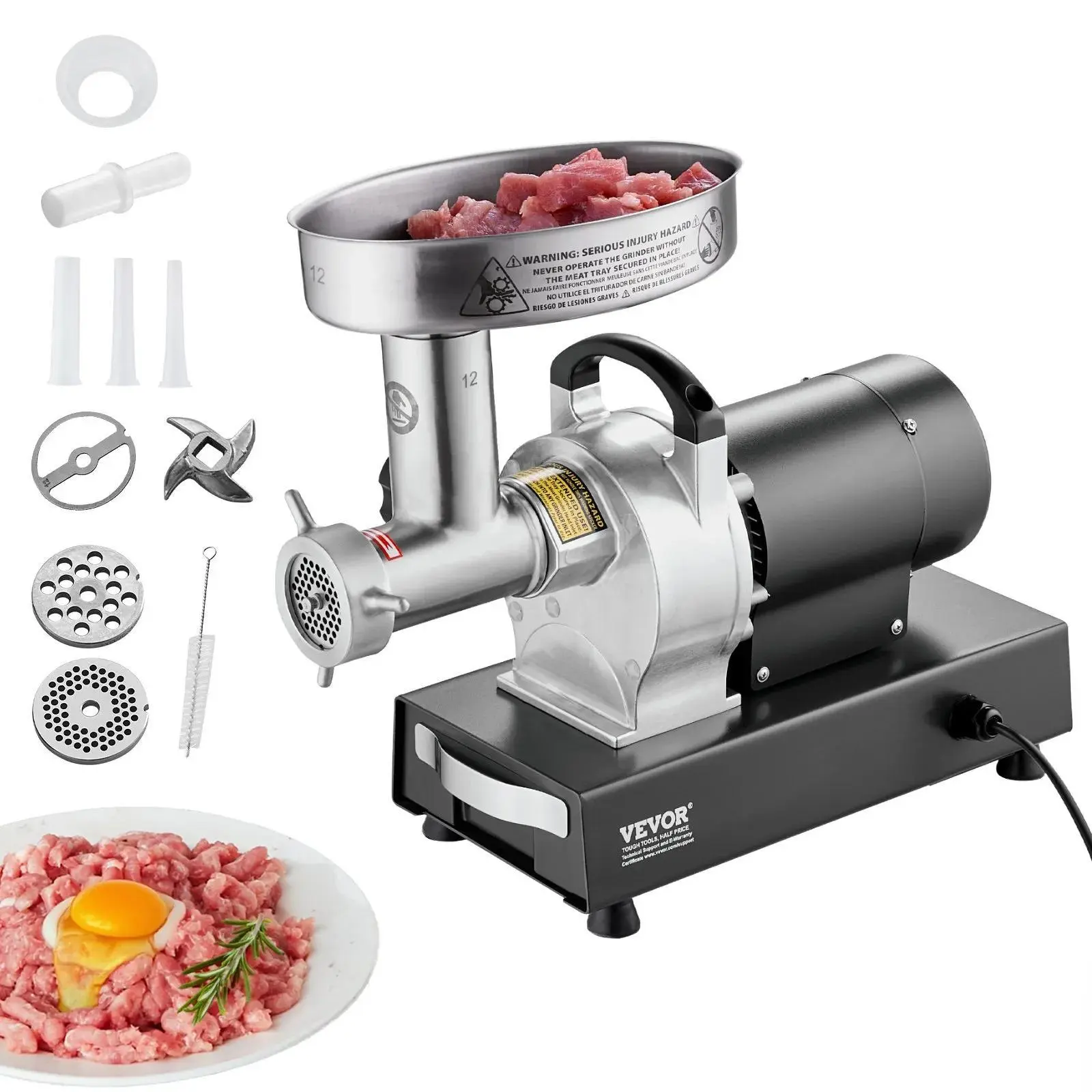 【Fallpicks】VEVOR Corded Large Metal Electric Meat Grinder, 9 lbs/min Capacity Continuous Run, Stainless Steel Mincer with Blade, Grinding Plate, Sausage Maker for Kitchen Restaurants Butcher Use