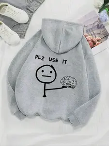 American Style Fall Winter Fleece Hoodie, Graphic Casual Hoodie, Plz Use It Letter Print Loose Fit Long Sleeve Pullover, Casual Pocket Design for Teens Boys Girls