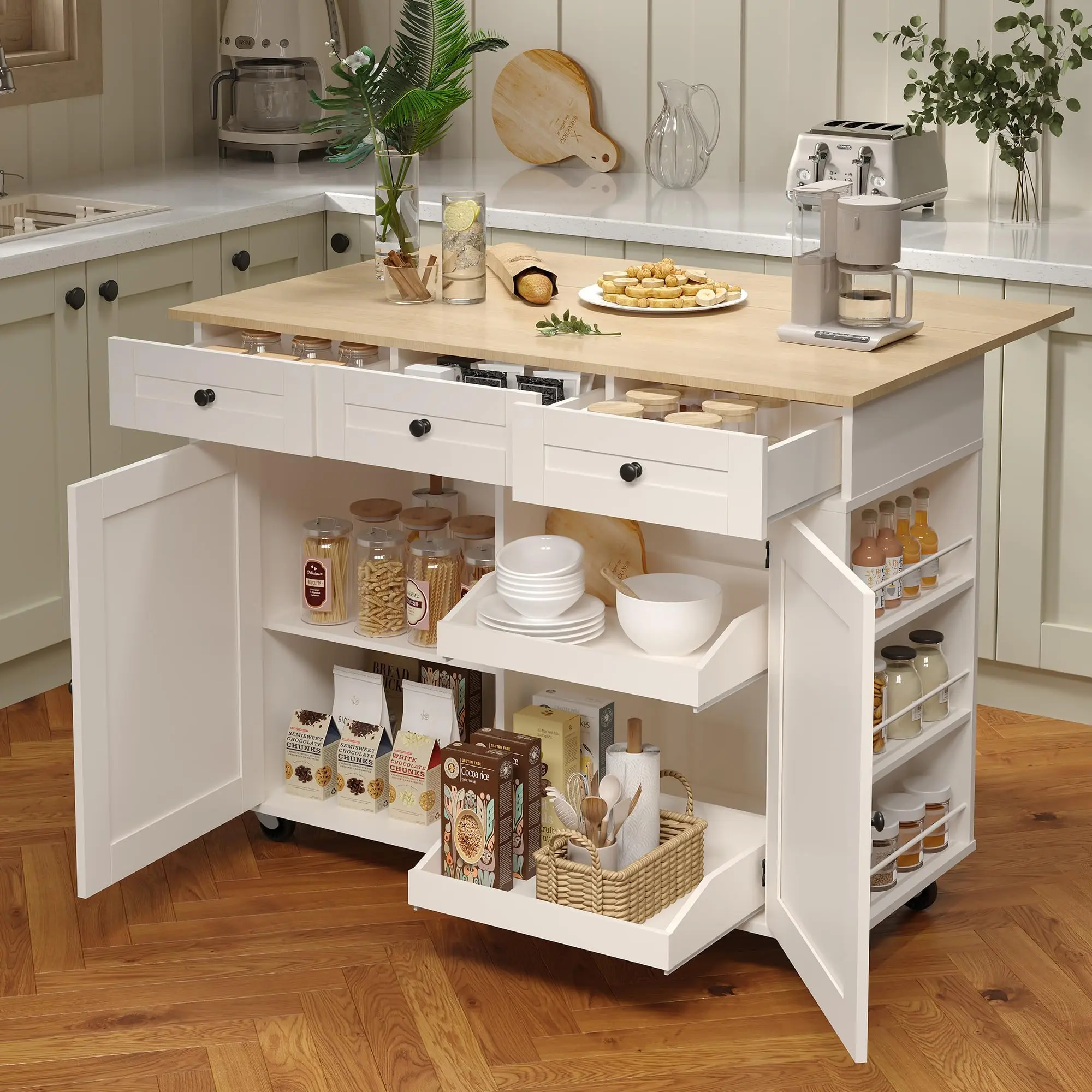 Garvee Rolling Kitchen Island Cart with Drop Leaf Countertop, Built-In Charging Station, 3 Drawers, Pull-Out Shelves, Spice Rack, Organizer Divider, Storage Cabinet on Wheels, 47.2 Inch