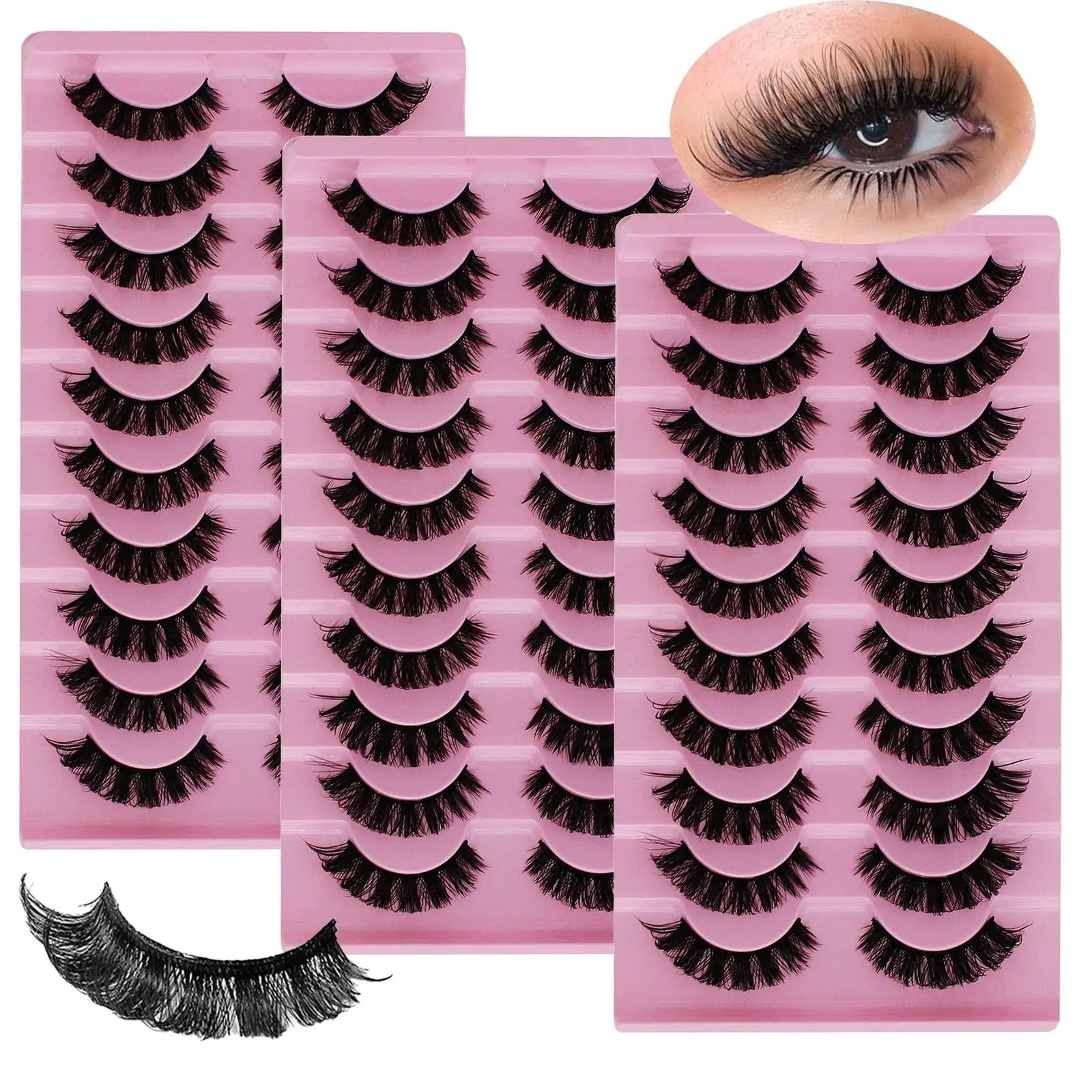 30Pairs/3Pack 3D Effect D Curl Russian Lashes Fluffy Volume Wispy Natural Look Russian Strip Fake Eyelashes for Festival & Casual Looks Cosmetic Fluffy False Eyelashes
