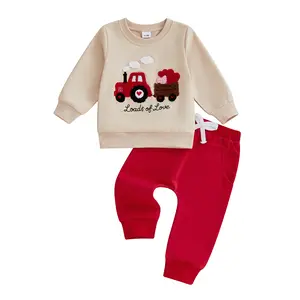 Toddler Baby Boy Valentines Day Outfits Truck Letter Embroidered Crew Neck Long Sleeve Sweatshirt with Solid Pants 2pcs Clothes