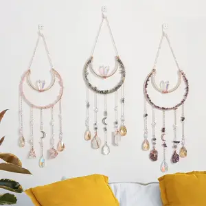 Moon Shape Sun Catcher, Handmade Copper Wire Wrapped Natural Stone, Elegant Dreamcatcher Gift, Home Window Courtyard Decor