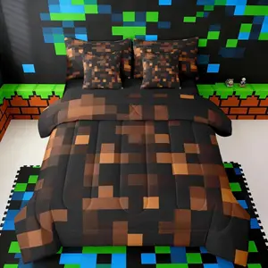 Pixelated Brown Black Comforter Set with Sheets，Pillowcases & Cushion Cover 7 Piece Bedding Set Super Soft Kids Girls Boys Bedroom Decor Gamepad Grid Bed in a Bag