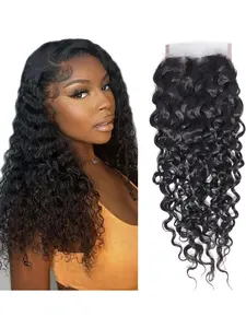 Water Wave 4x4 Lace Closure Human Hair, Curly Natural Hairline, Brazilian Virgin Human Hair, Preppy Style, Party Ready, Human Hair Wavy Hairpiece