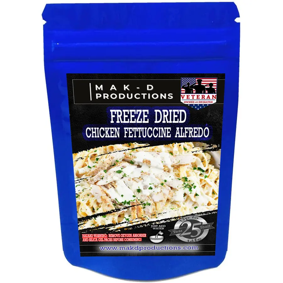 MAK D Productions - Freeze Dried Meal  - Chicken - Pasta - Chicken Fettuccine Alfredo - Gourmet Recipes by a Sullivan University (Louisville, Kentucky) Culinary Chef Graduate - NEVER BLAND TASTING - MADE IN THE USA