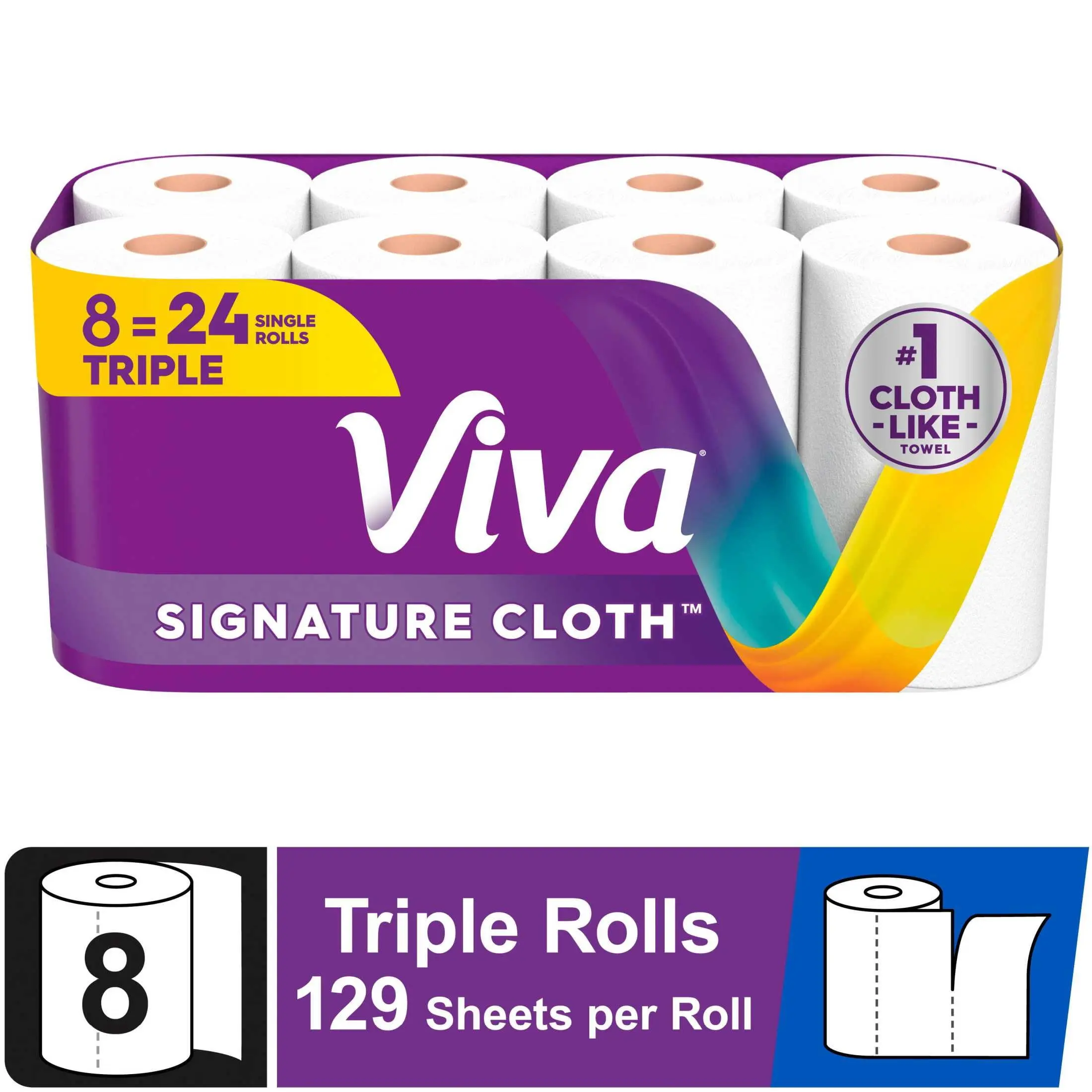Viva Signature Cloth Paper Towels For Kitchen House Cleaning 8 Triple Rolls Multi-Surface 129 Sheets Per Roll