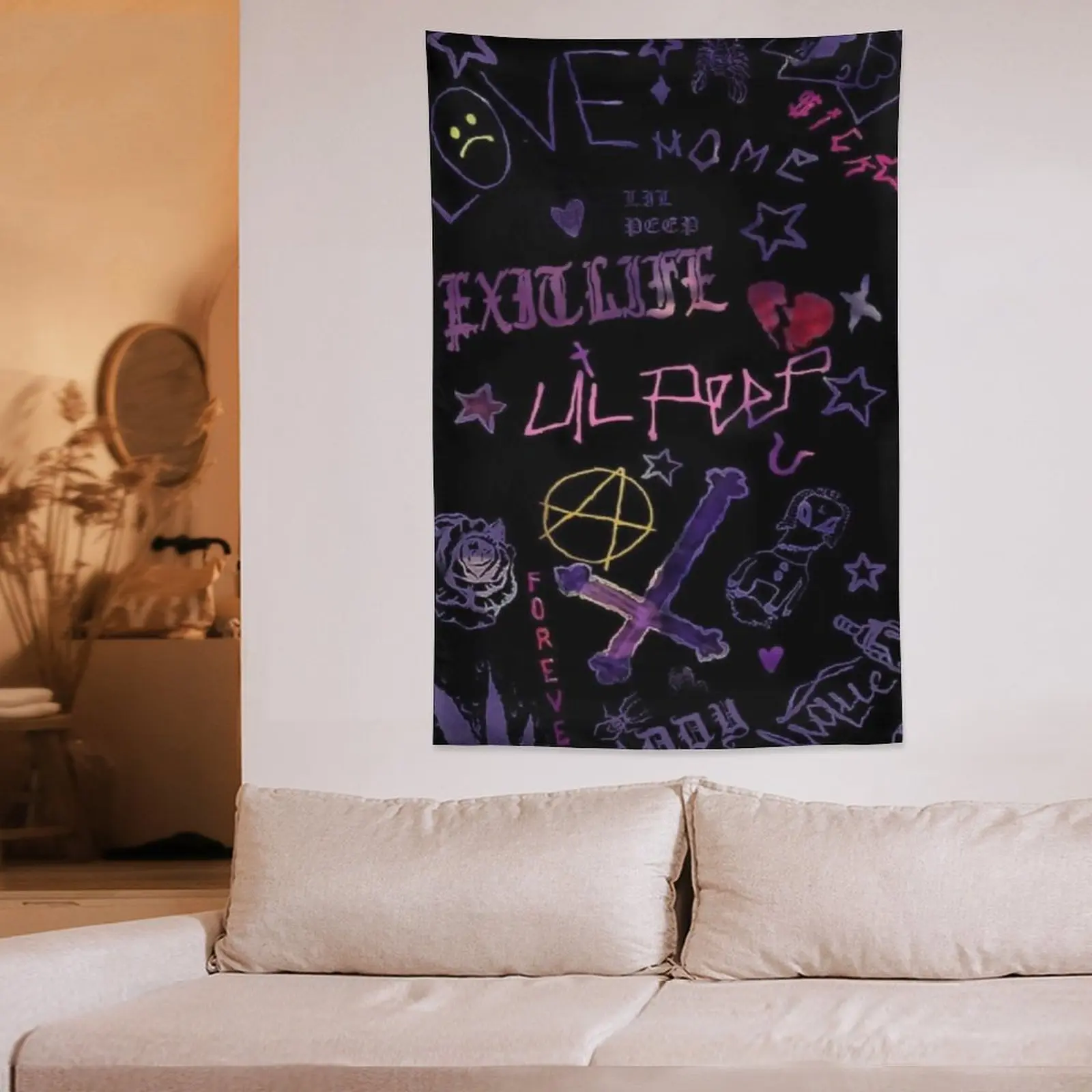 Purple Tattoo Art Tapestry, Wall Hanging Decor, Emo Rap Decor, Hellboy Aesthetic Room Art, Pink and Black Wall Tapestry, Vintage Rap Legend Decor, Dorm Room Essentials, Gift for Peep Fans