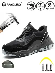 Men's Colorblock Lace Up Work Safety Shoes, Lightweight Breathable Comfortable Anti-slip Safety Shoes, Anti-skid Work Shoes, Work Protective Shoes, Nonslip Work Shoes, Work Safety Footwear