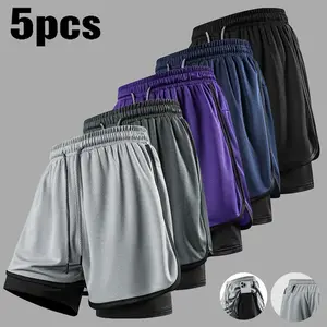 5 Pack Men's 2 in 1 Athletic Gym Shorts Breathable Mesh Workout Running Shorts with Hidden Phone Pocket