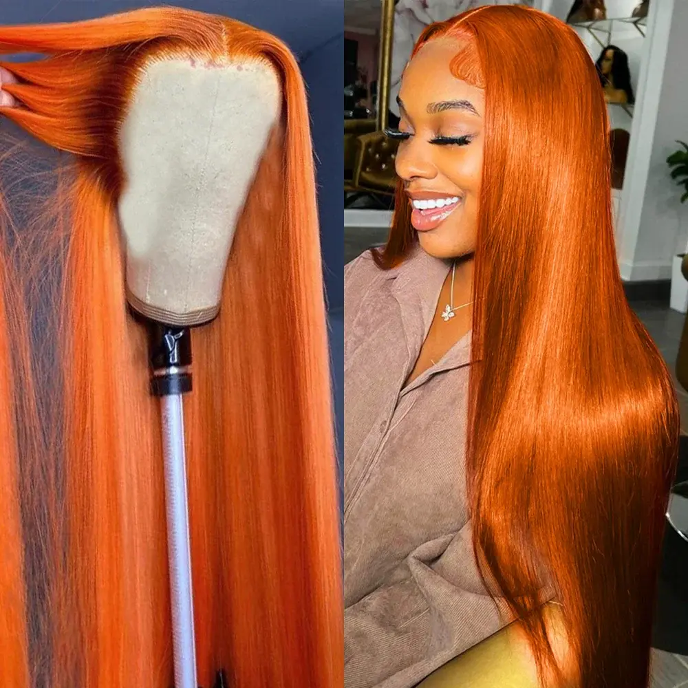 ALIGLOSSY 34INCH 13x4 Ginger Orange 99J Reddish Brown Straight Lace Front Wigs Human Hair Pre Plucked With Baby Hair HD Transparent Lace Frontal Human Hair Wigs for Women