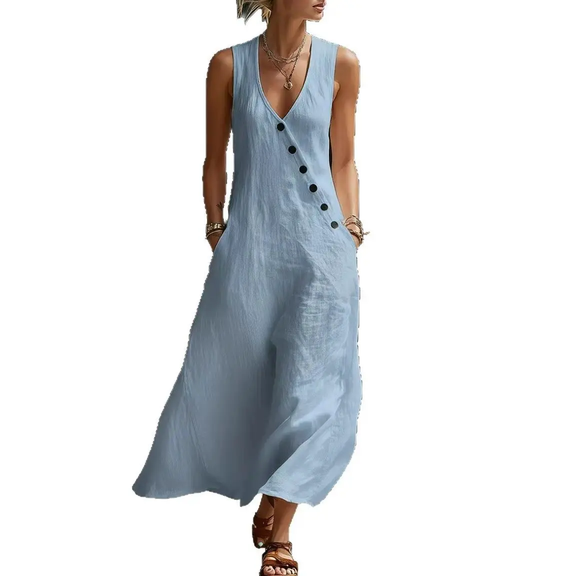 2026 new Boho Linen Maxi Dress - Perfect for Beach, Vacation & Brunch!  Sleeveless V-Neck Button