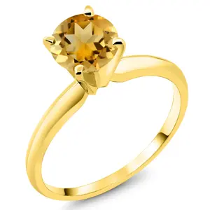 Gem Stone King 14K Yellow Gold Yellow Citrine Solitaire Engagement 4-Prong Ring For Women | 0.80 Cttw | Round 6MM | Gemstone November Birthstone