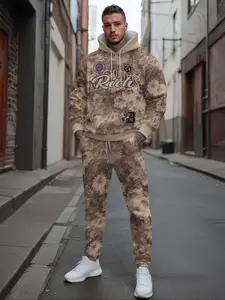 Men's Fall Winter Printed Sportswear Set, Includes Top Pants Hoodie Running Suit, Casual Fitted Long Sleeve Below Ankle