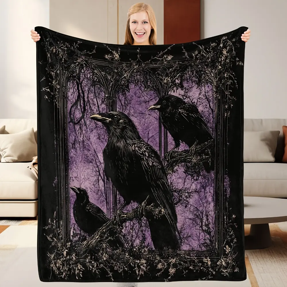 Raven Blanket, Gothic Black Crow Throw Blanket, Dark Academia Fleece Blanket for Couch Sofa Bed, Witchy Room Decor, Vintage Victorian Style Home Decoration, Bird Lover Gift, Halloween Gothic Gift, Cozy Soft Blanket for Bedroom Living Room