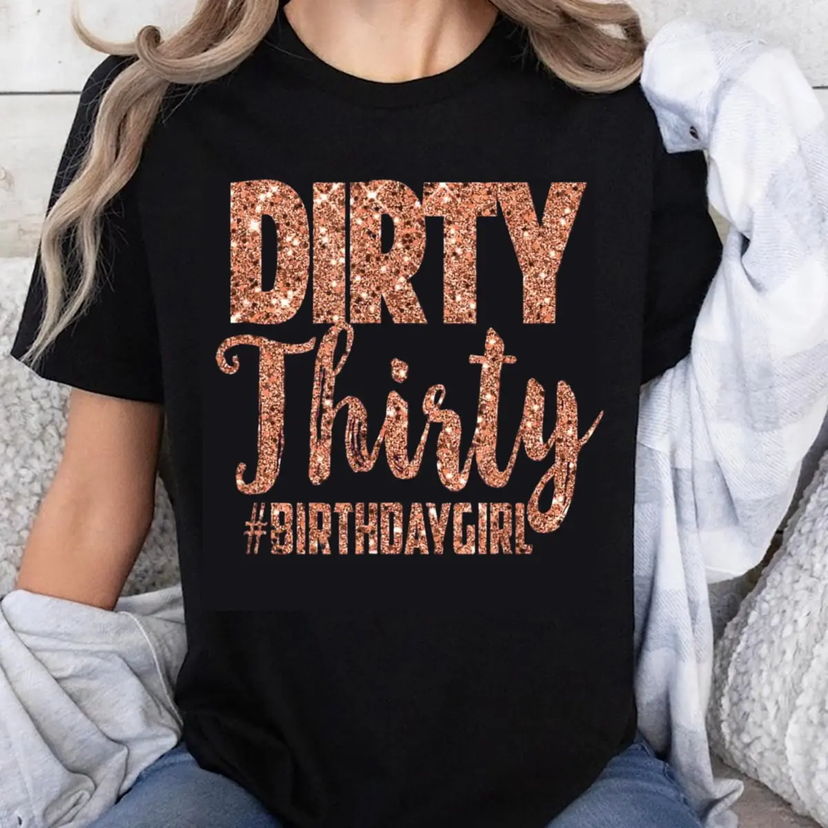 Women's 100% Cotton Short-Sleeve Crew Neck Top - Glitter Rose Gold "Dirty 30" Print, 30th Birthday Gift for Her, Comfortable Outdoor Tropical Beach Garment, T-Shirt