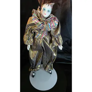 Vintage Porcelain Harlequin Jester Clown Doll with Gold Diamond Costume – Collectible Display Figure