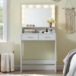Vanity Desk with Mirror and Lights, Dressing Table with Large Drawer, 2 Level Storage Dresser & 3 Lighting Modes Adjustable Brightness, Suitable for Bedroom