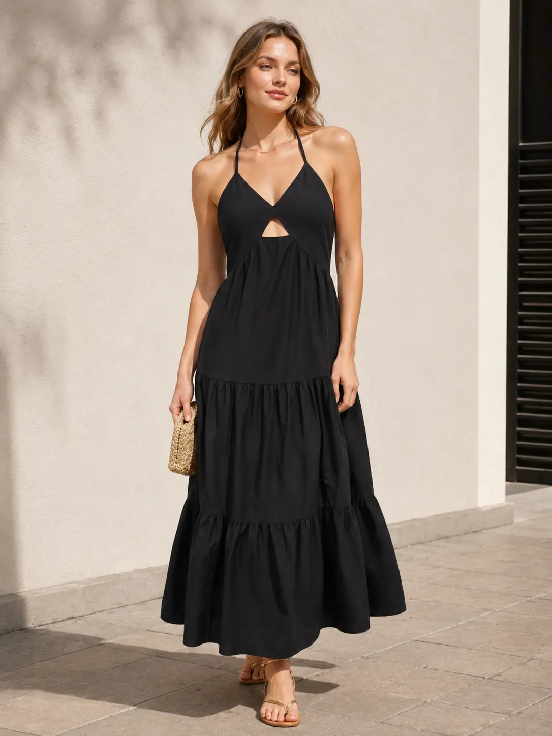 Elengatine Women Backless Summer Dress, Casual Halter Tiered Maxi Sundress with Cutout Detail, Soft Breathable Loose Fit One Piece, Tropical Beach Holiday Outfit, Relaxed Boho Style Wear for Travel, Street Style & Outdoor Gatherings