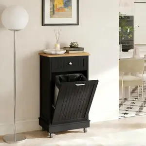 10 Gallon Tilt Out Trash Cabinet, Wooden Mobile Storage Cabinet with Wheels & US Standard Power Outlets for Kitchen Bathroom Laundry