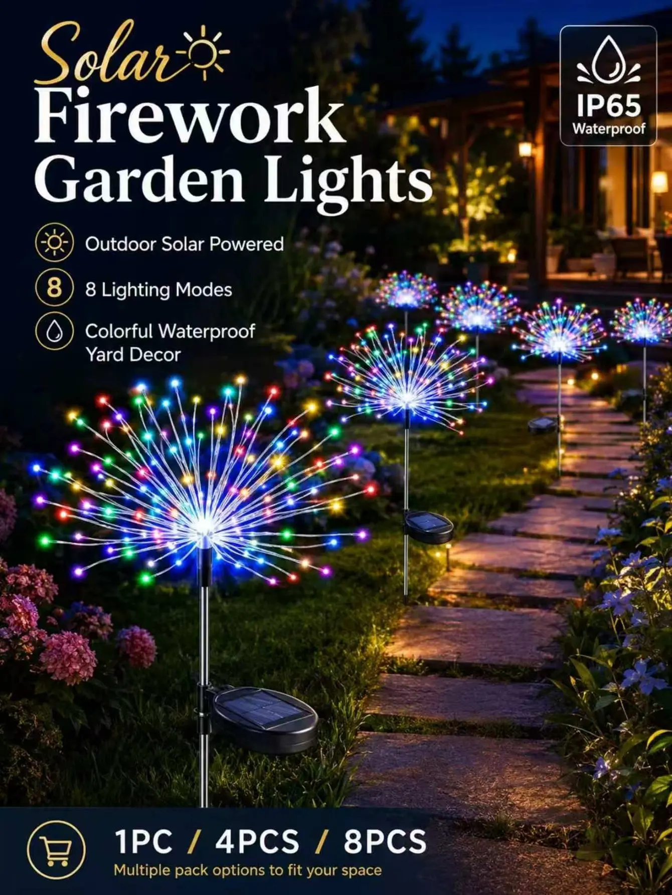 Dreamy Solar Firework Garden Lights, Waterproof LED Starburst Stake Lights with IP65 rating. Solar powered multicolor fairy lights bring instant sparkle to your garden, pathway, patio and camping trips, perfect for creating magical outdoor moments.