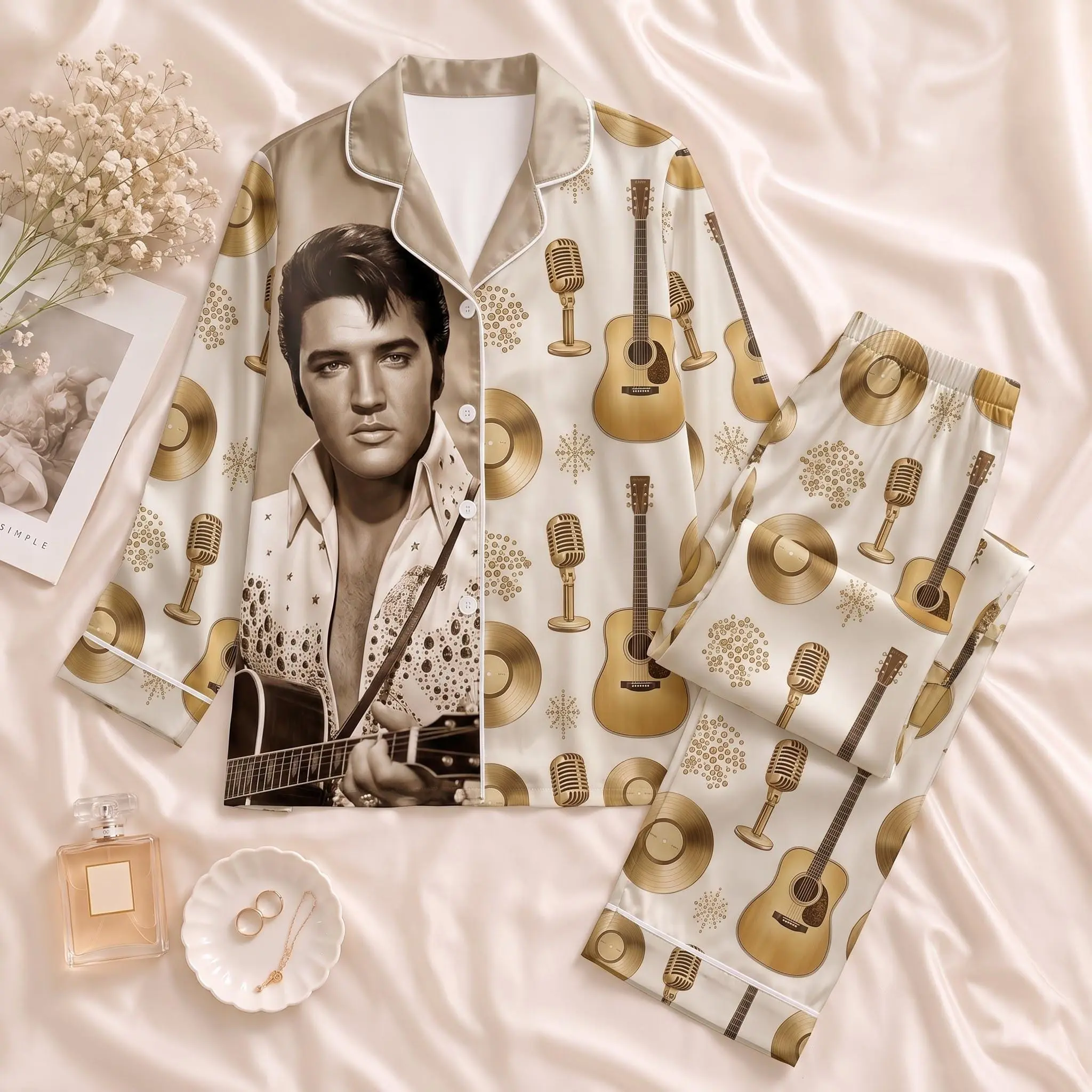 Vintage Elvis Presley Satin Pajama Set, 70s Rock and Roll Sleepwear, Music Button Up Loungewear, Gift for Elvis Lovers