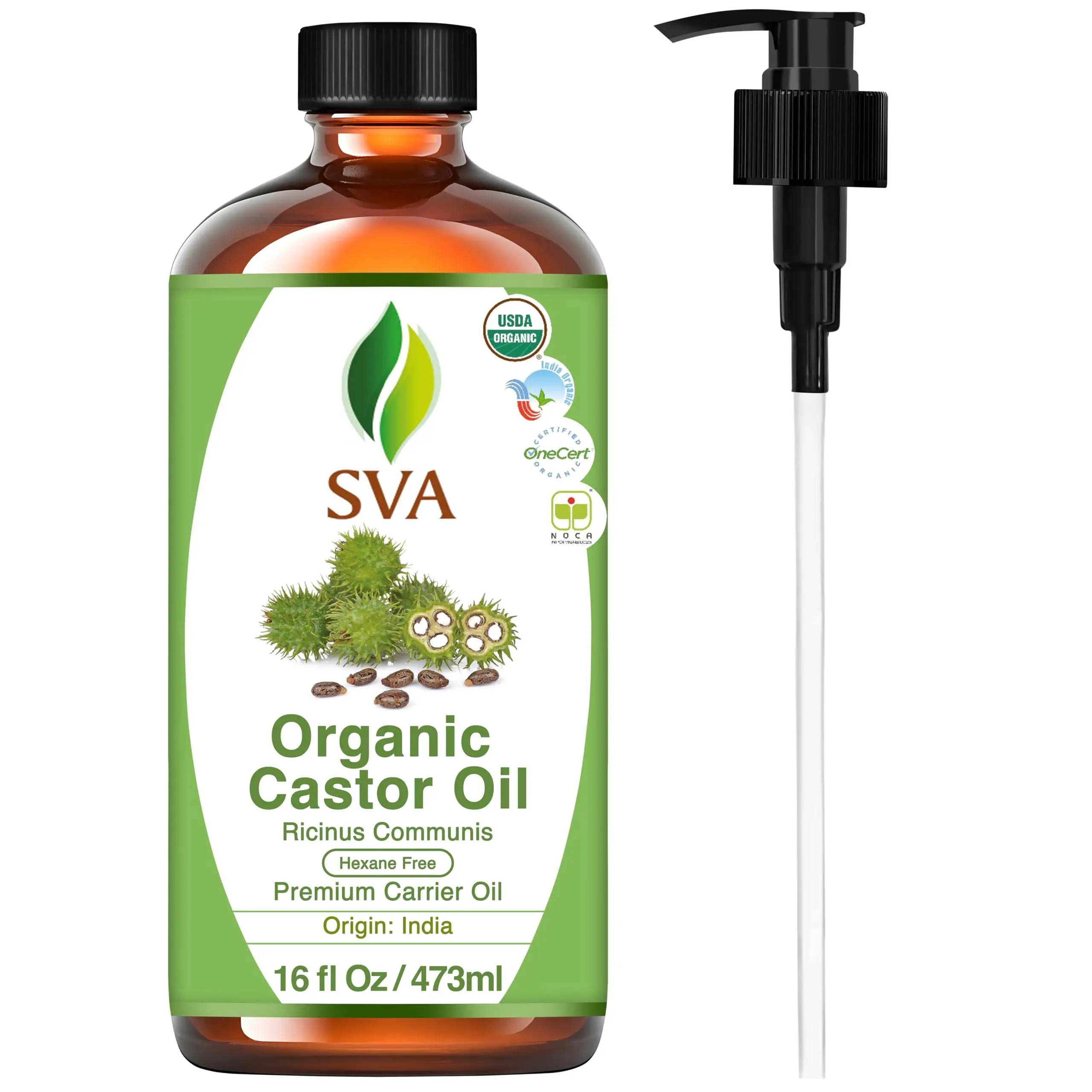 SVA Castor Seed Oil Organic - 16 Fl Oz – 100% Natural Cold Pressed Organic Castor Oil - for Face, Skin Care, Hair Care, Scalp Massage & Body Massage with Pump
