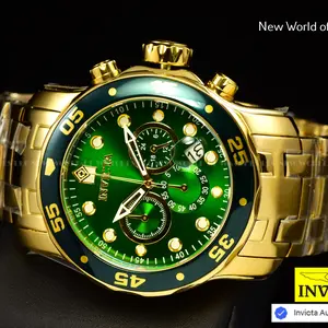 Invicta Men's 48mm PRO DIVER Scuba Chronograph Green Dial 18K Gold Plated Stainless Steel Waterproof Sport Watch PF14074