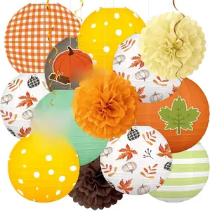 16Pcs Fall Decorations for Home Paper Lanterns Pom Poms Hanging Swirls - Thanksgiving Autumn Friendsgiving Hanging Decor for Party Home Birthday