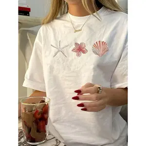 Women Casual Starfish & Shell Print Round Neck Short Sleeve T-Shirt White Summer graphic tee