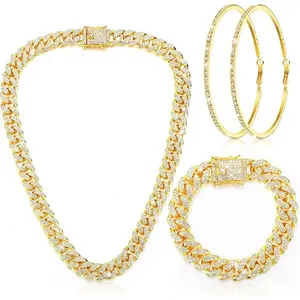3PCS JEWELRY SET Cuban Link Chain Necklace Bracelet Rhinestone Earrings Bling Necklace Bracelet Crystal Big Circle Earring for Women
