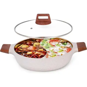 5.2-QT Double-flavor Hot Pot with Divider, Dual-Sided 12.6Inch Shabu Shabu Pot, Non-Stick Multi-Functional Hotpot Pot with Cover for Electric Induction, Gas Stove, White
