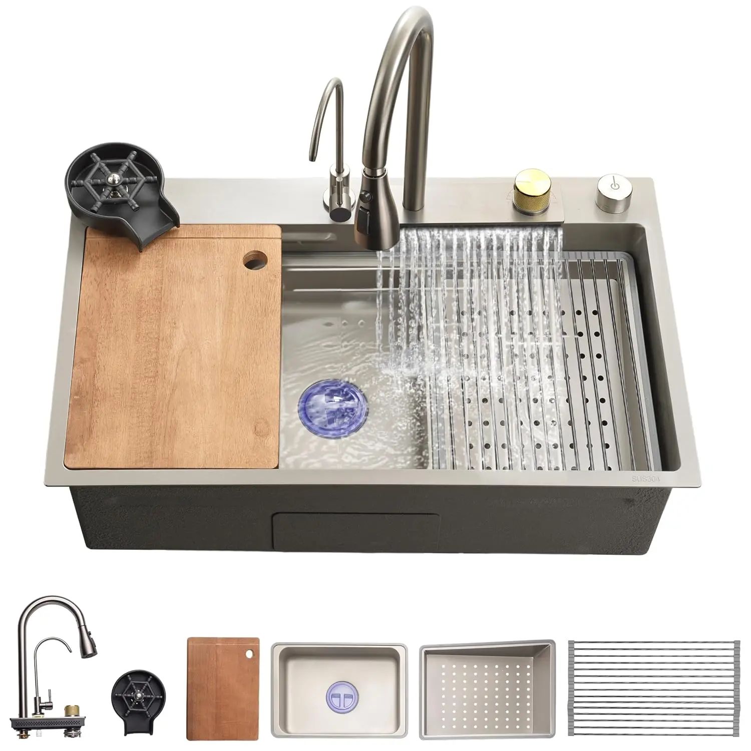 29.5'' x 18'' x 8.66'' Rectangular Metal Kitchen Sink - Gray Top Mount Single Bowl Nano Coated Workstation with Antibacterial Brass Kitchen Sink Faucet Set, Rubberwood Cutting Board, Cup Washer, Drain Rack - Rust-Resistant Household Essential, Square, Bas