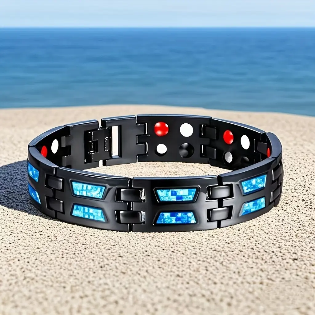 Men's Sports Style Magnetic Healing Bracelet - Blue Carbon Fiber & 4 Natural Elements, Adjustable Durable Fitness Accessory