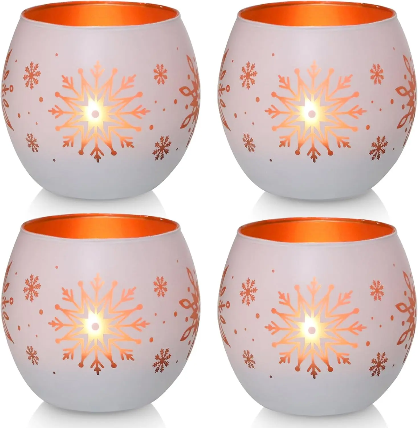 4-Piece Gold & White Glass Tealight Votive Candle Holders Set Pack, Xmas Theme Winter Table Centerpieces for Indoor Home Decor Supplies