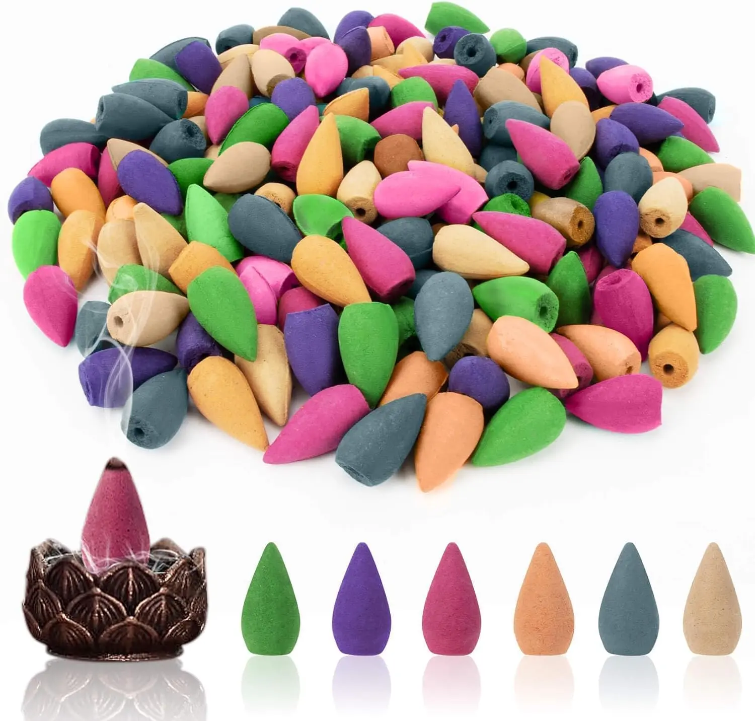 Backflow Incense Cones - 108 PCS Bulk, 6 Different Scents, Smoke-Flow Design for Waterfall Incense Burners, Home Fragrance Use