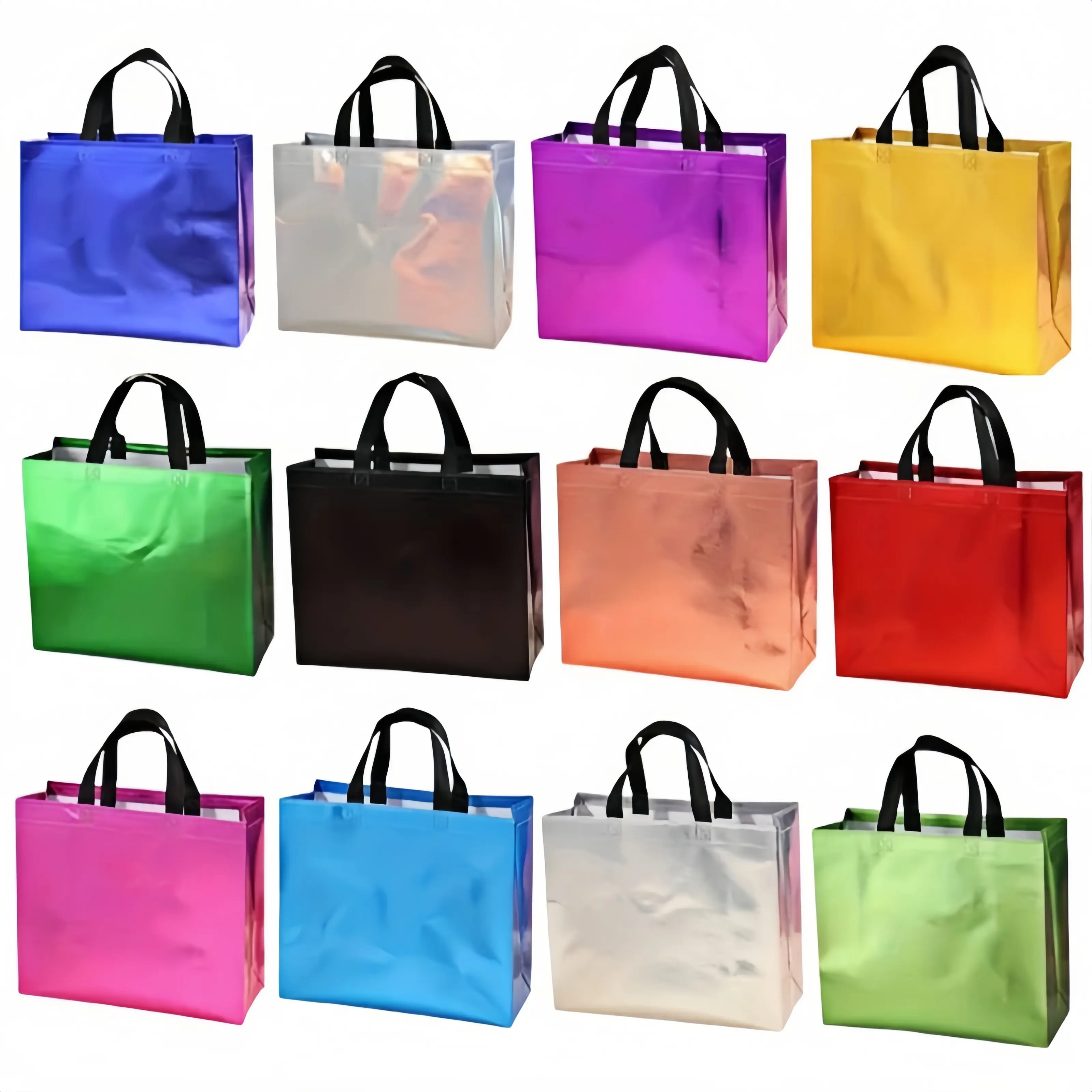 12 PCS Holographic Gloss Rainbow Hues Reusable Gift Bags, 13x11x5in Jumbo Heavy-Duty Water-Resistant Foldable Totes for Birthday Party, Christmas Event Gift Packaging, Eco Storage