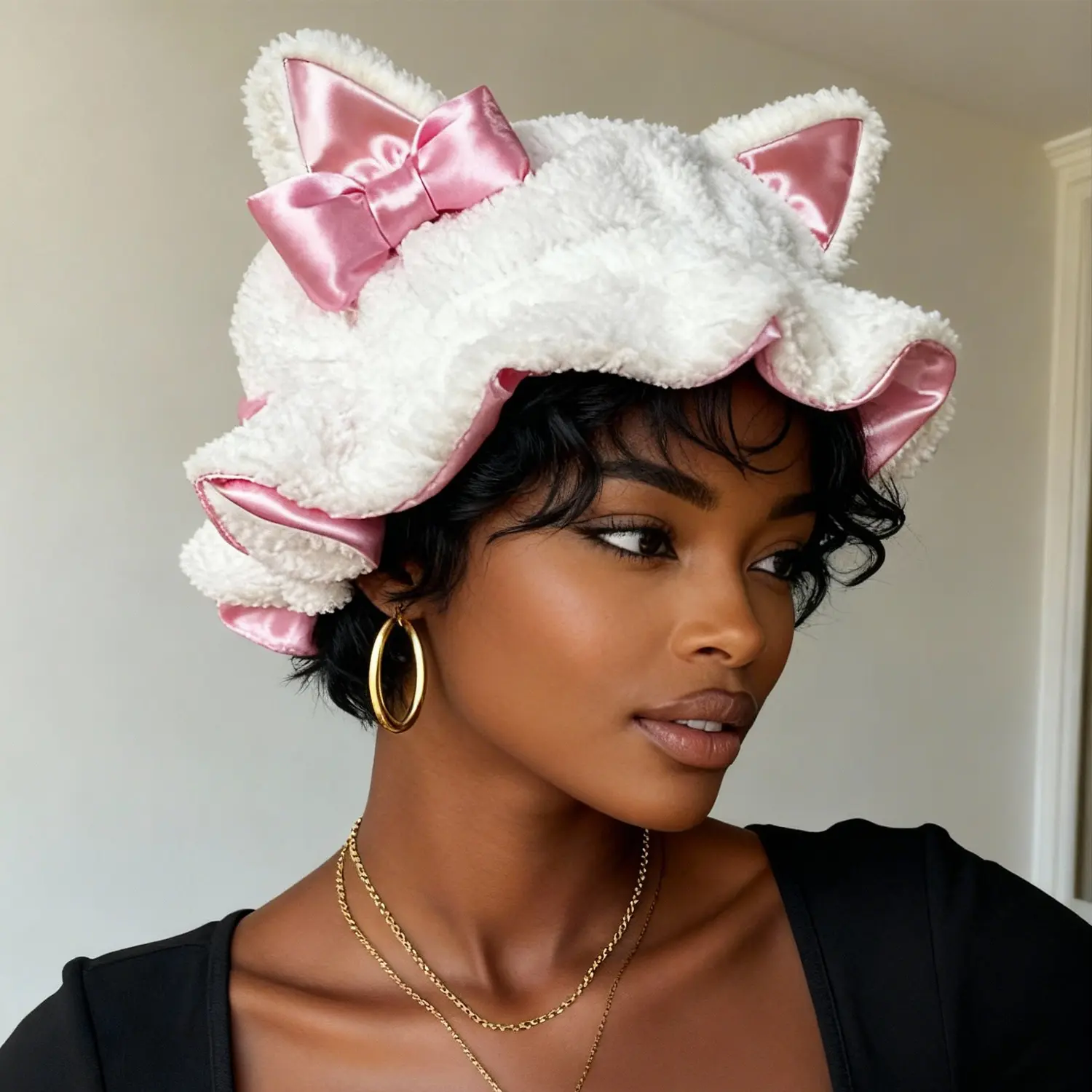 Women's Kitty Ear Cozy Beanie, Plush White & Pink Double-Sided Casual Hat, Warm, Breathable & Hair-Friendly Polyester, High Quality Hat