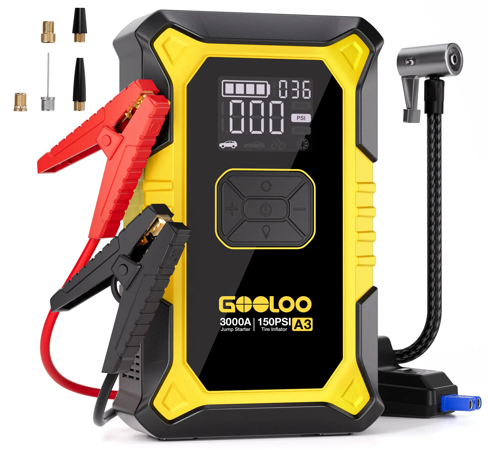 GOOLOO A3 YELLOW Jump Starter with Air Compressor, 3000A Portable Car Battery Booster (9.0 Gas/6.5L Diesel) with 150PSI Auto-Shutoff Tire Inflator. fathersdaygift
